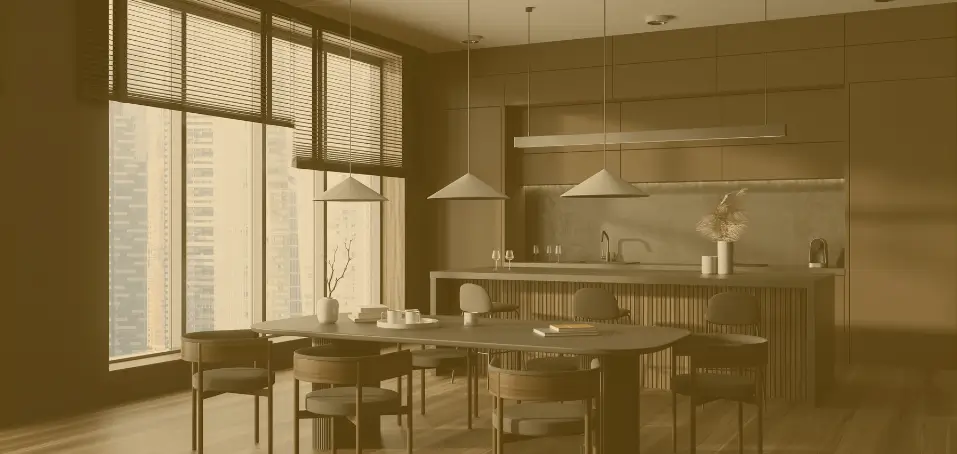 mobila de bucatarie premium, cafenie, insula cu blat de compozit, panou riflat si loc de luat masa, zona de dinning 6 scaune