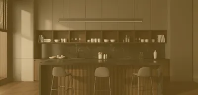 bucatarie moderna eleganta, de culoare casmir cu detalii décor lemn si insula