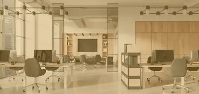 office open space cu mobilier de birou modern in culori deschise cu detalii antracit si comoda tv in sala de sedinta